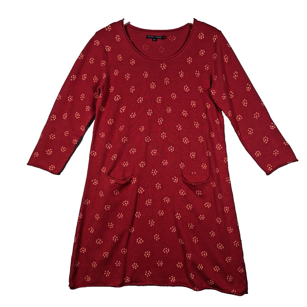 Gudrun Sjoden Linen Cotton Red Floral Dress Tunic Stretch Knit Pockets‎ Medium